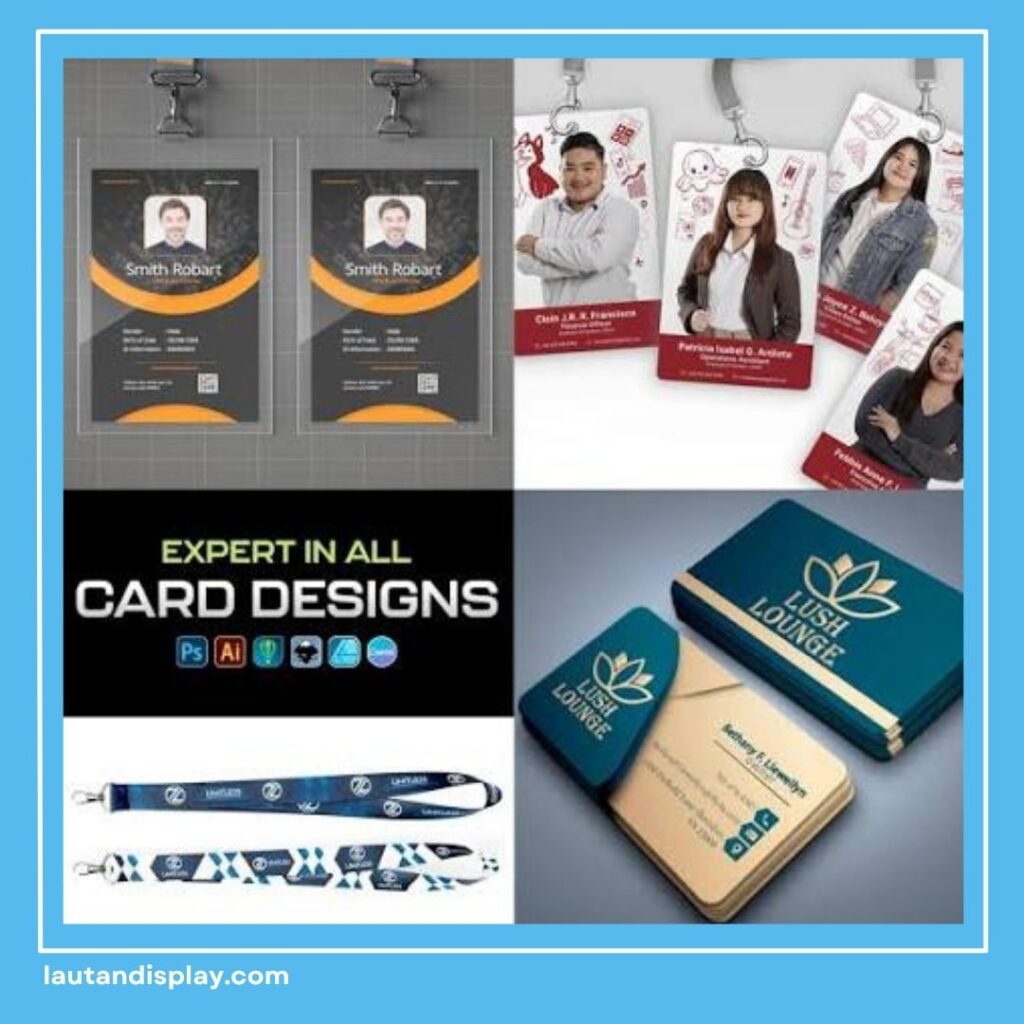 Contoh identitas visual bisnis dengan logo, kartu nama, dan media promosi